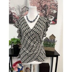 Max Studio Women’s Top Blouse Small Geometric Design Surplice Neck Tie Waist